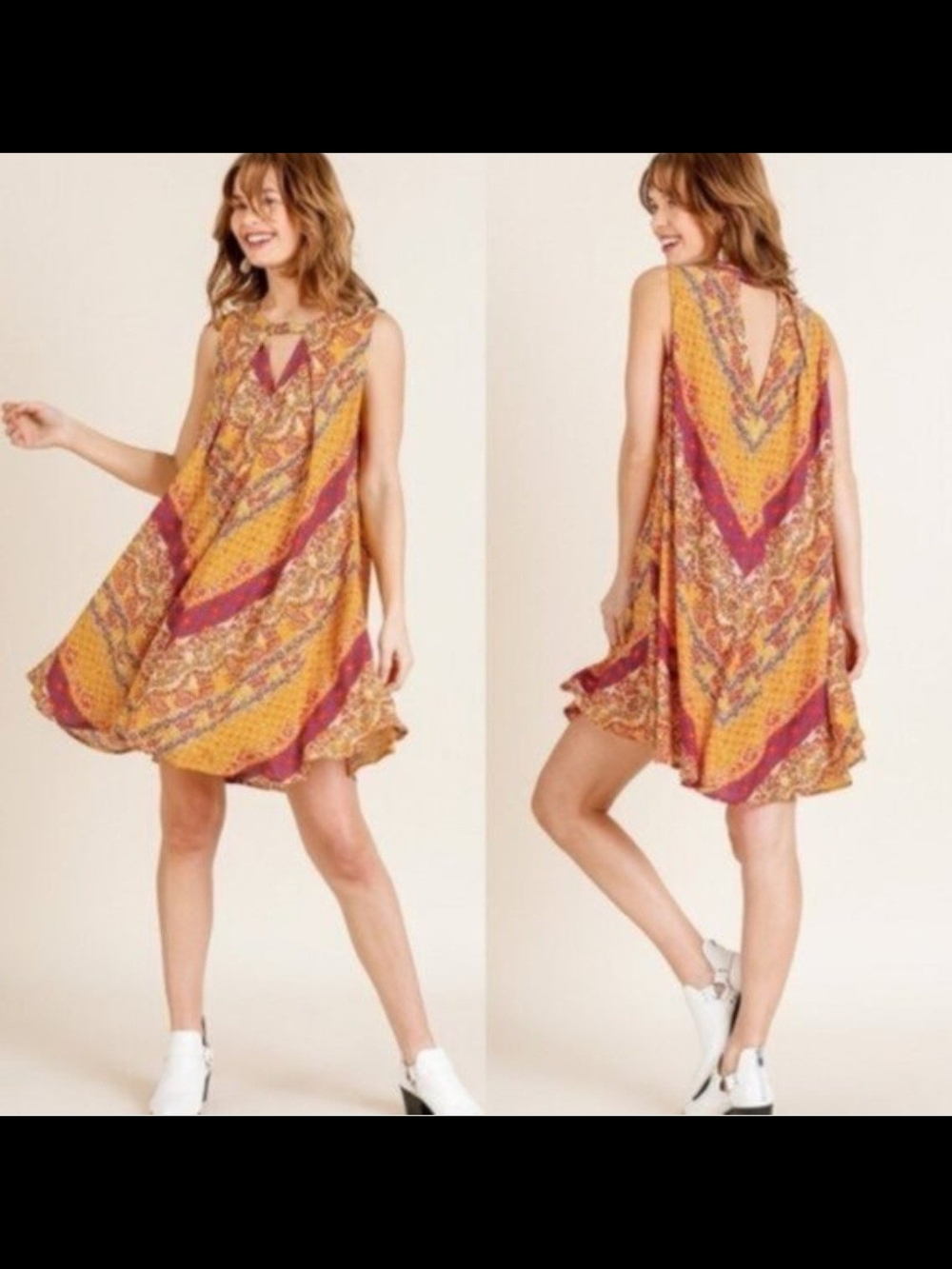 Umgee Boho Chevron Print Swing Dress in Mustard & Wine, Sz S NWT